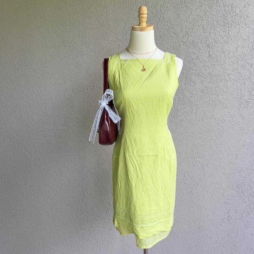 Vintage Y2K Positive Attitude Lime Green Linen Beaded Sequin Dress Size 8P